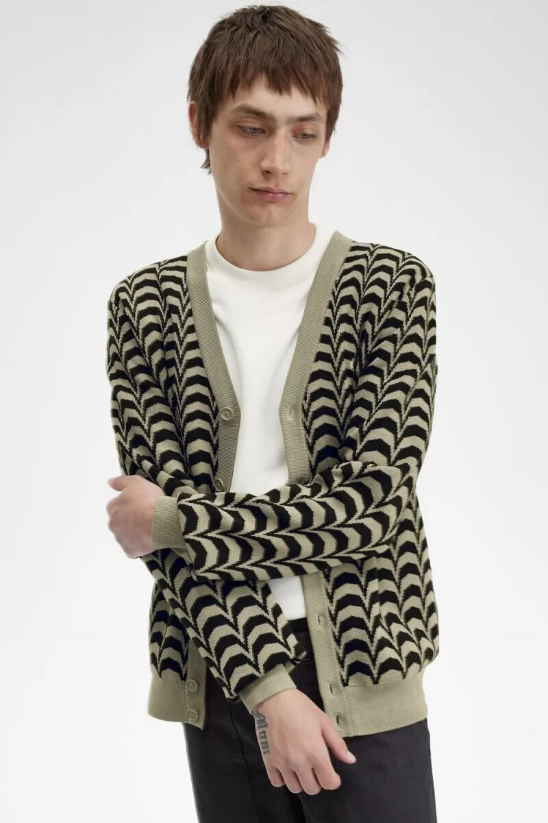 fred perry jacquard mens cardigan warm grey
