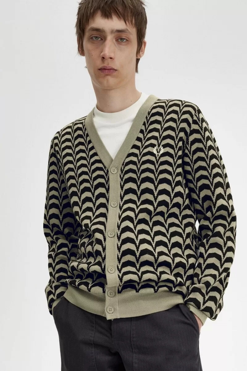 fred perry jacquard mens cardigan warm grey