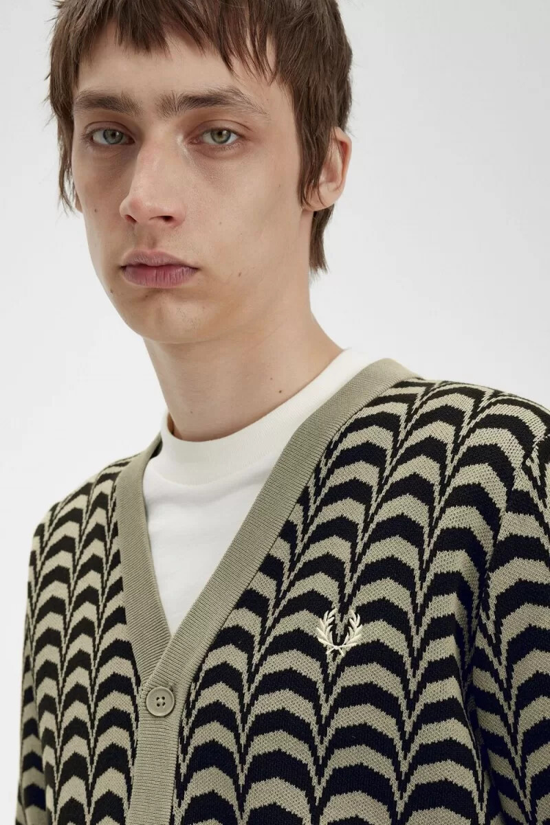 fred perry jacquard mens cardigan warm grey