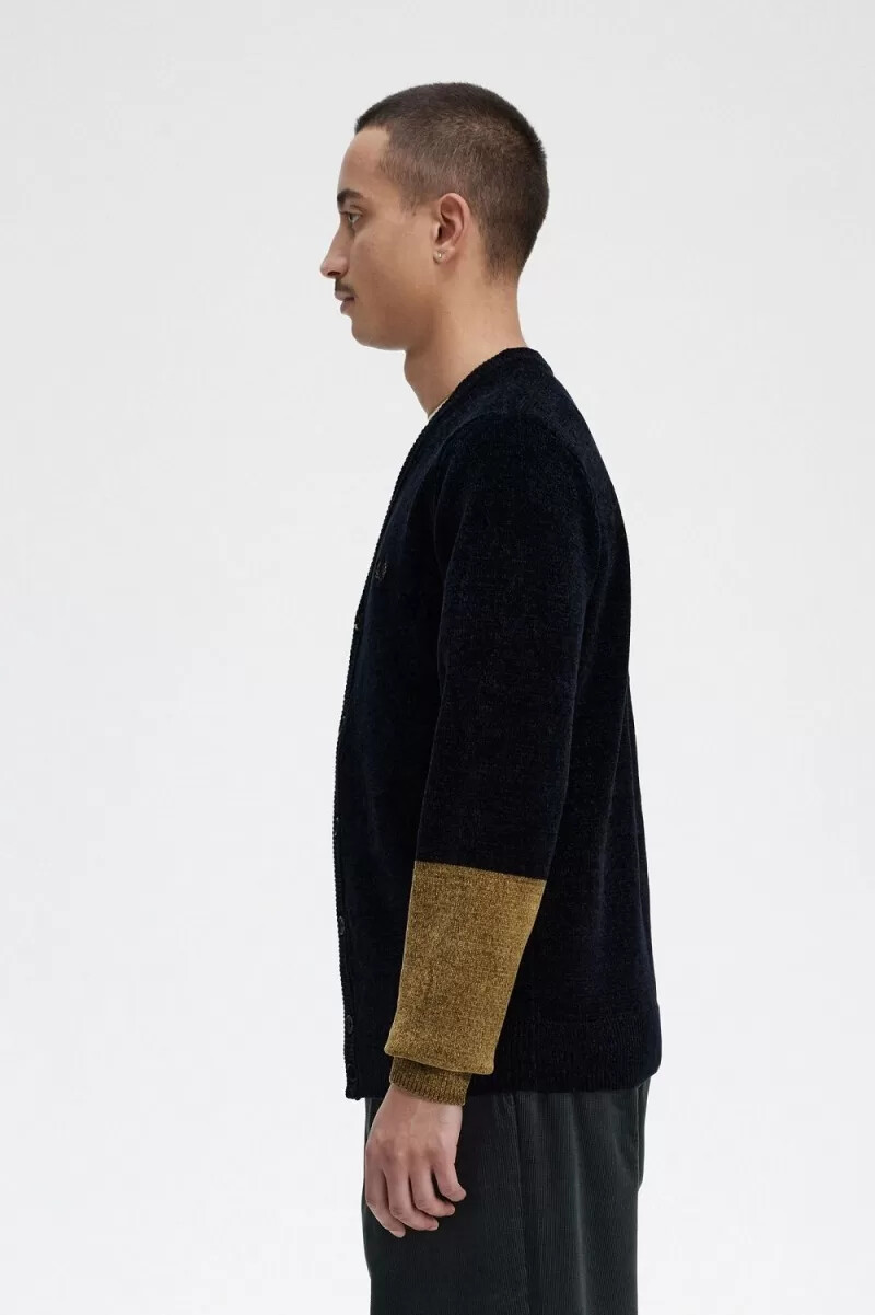 fred perry colour block chenille mens cardigan black
