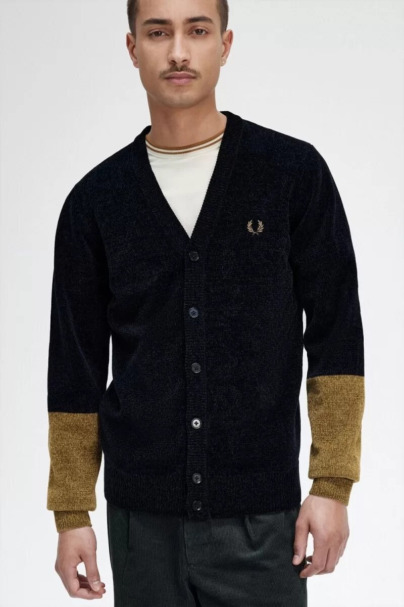 fred perry colour block chenille mens cardigan black