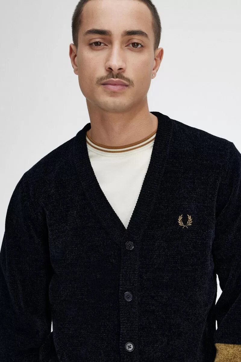 fred perry colour block chenille mens cardigan black