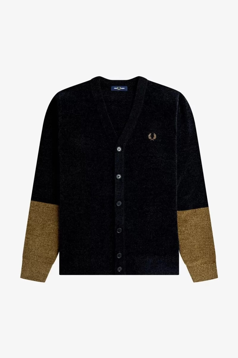 fred perry colour block chenille mens cardigan black