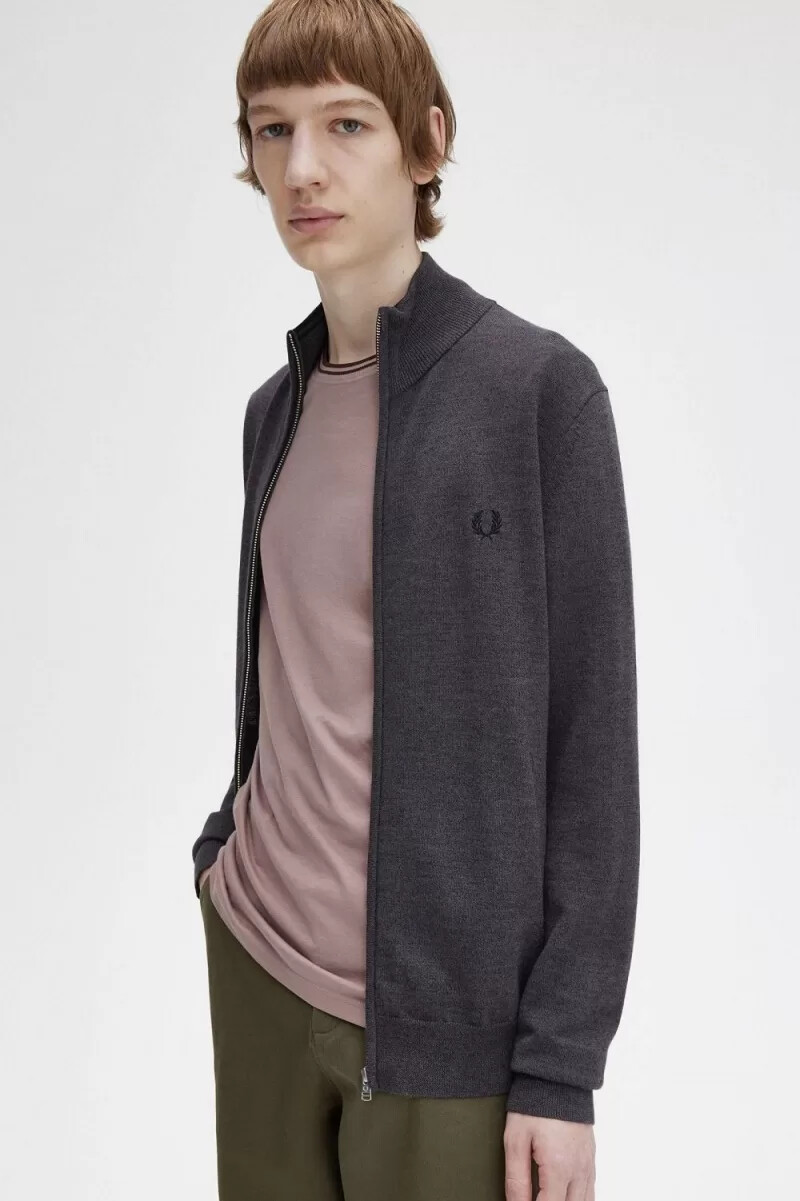 fred perry classic zip through mens cardigan dark grey marl