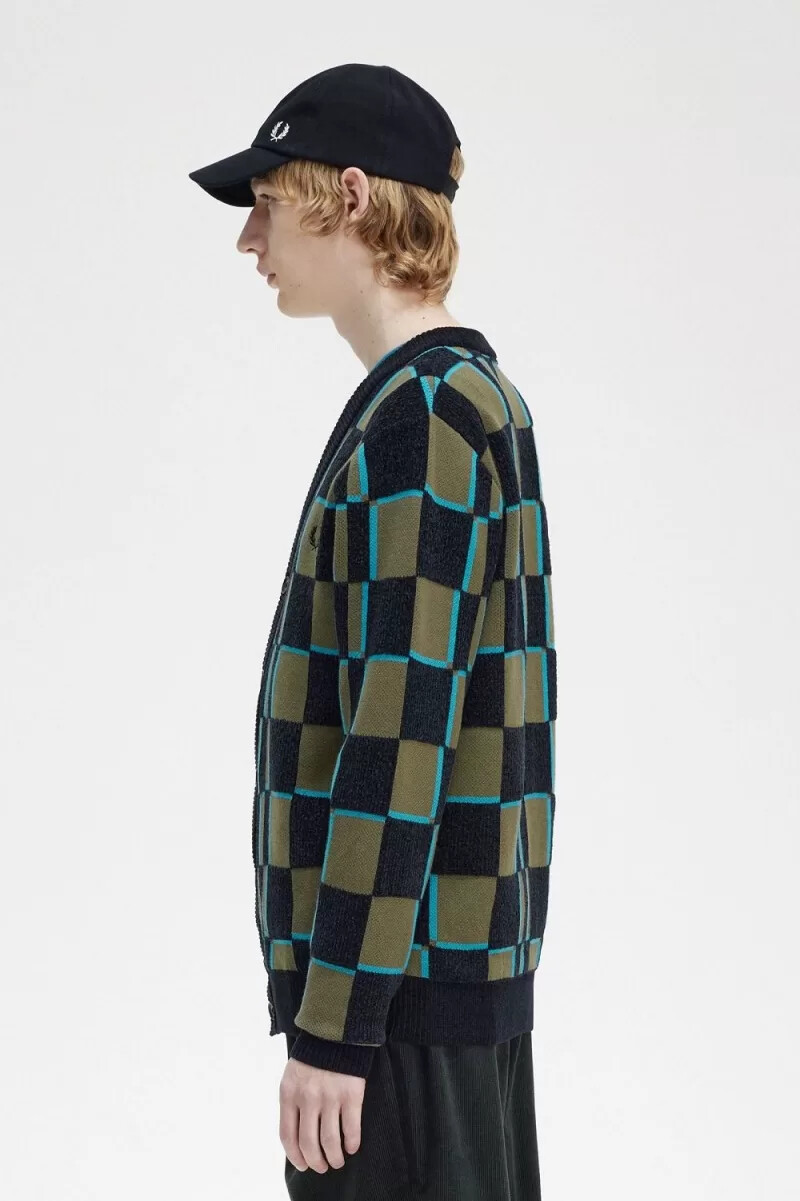 fred perry glitch chequerboard mens cardigan uniform green black
