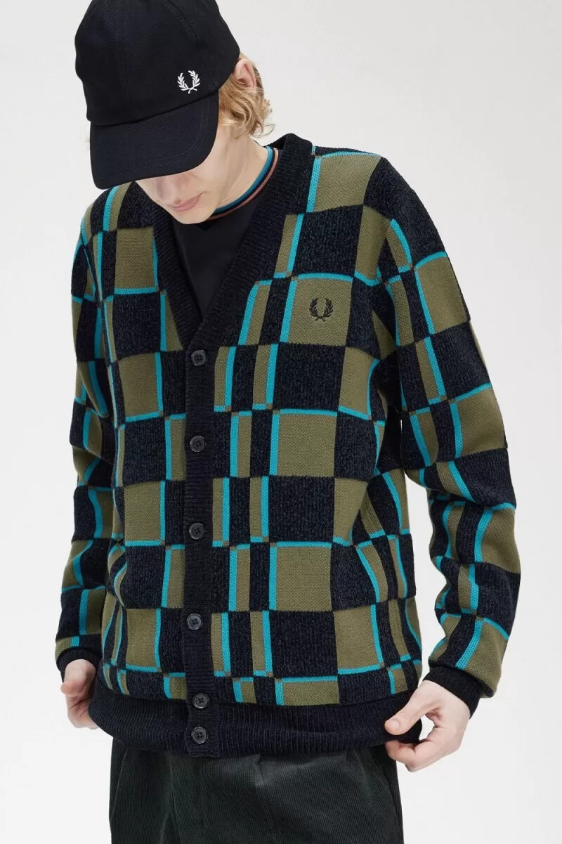 fred perry glitch chequerboard mens cardigan uniform green black