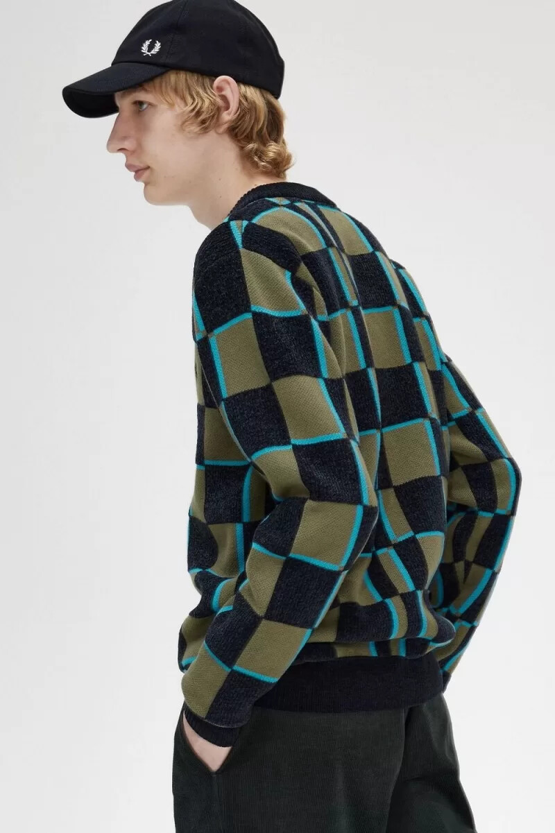fred perry glitch chequerboard mens cardigan uniform green black