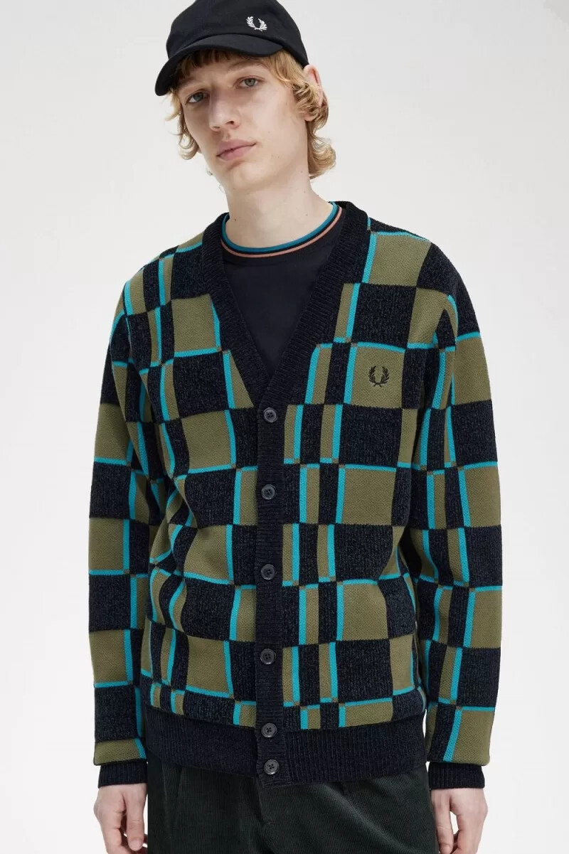 fred perry glitch chequerboard mens cardigan uniform green black