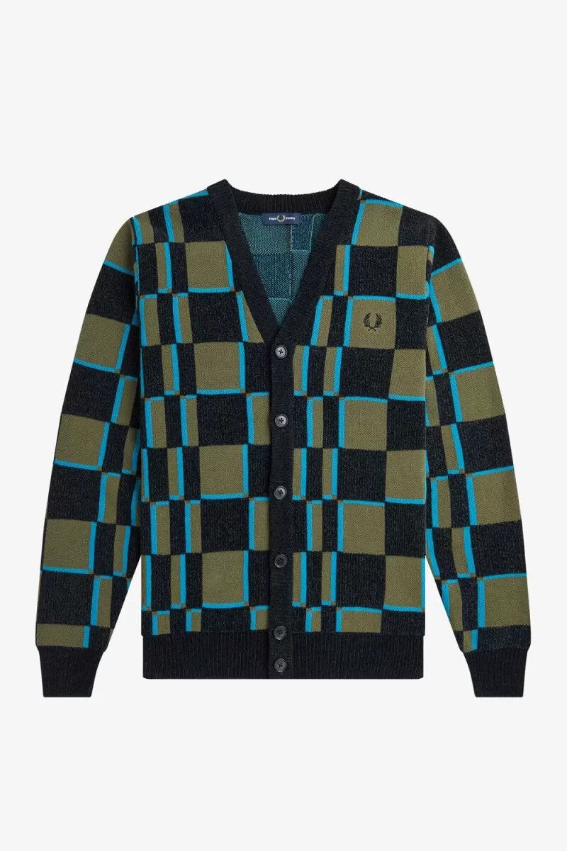 fred perry glitch chequerboard mens cardigan uniform green black