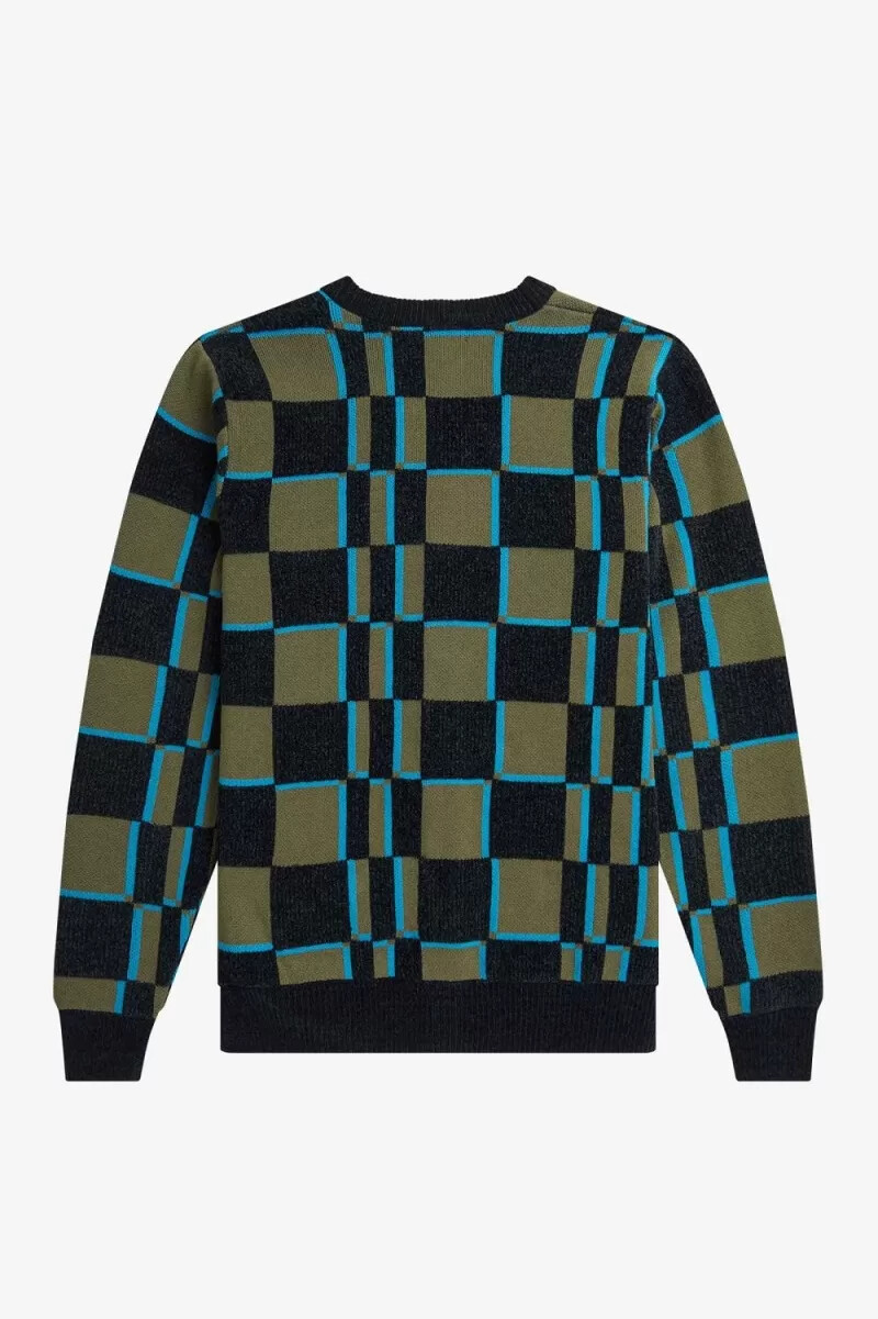 fred perry glitch chequerboard mens cardigan uniform green black