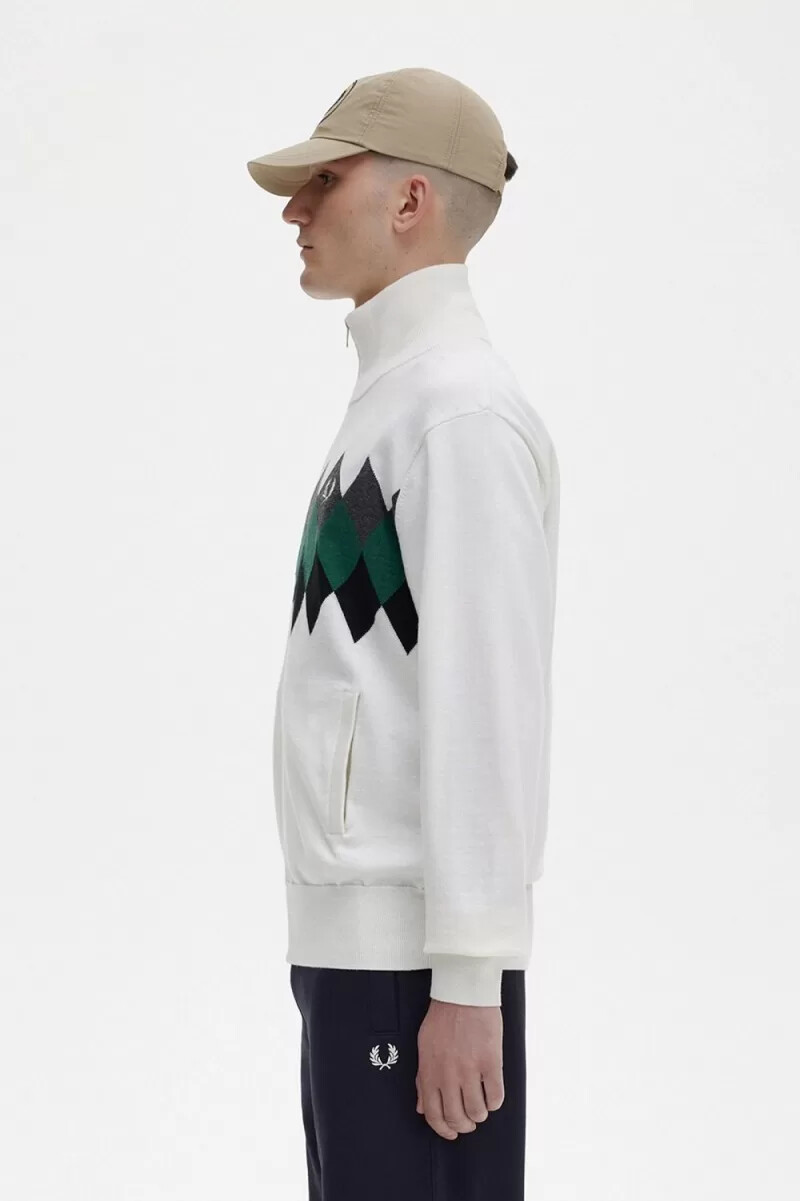 fred perry diamond intarsia mens cardigan snow white