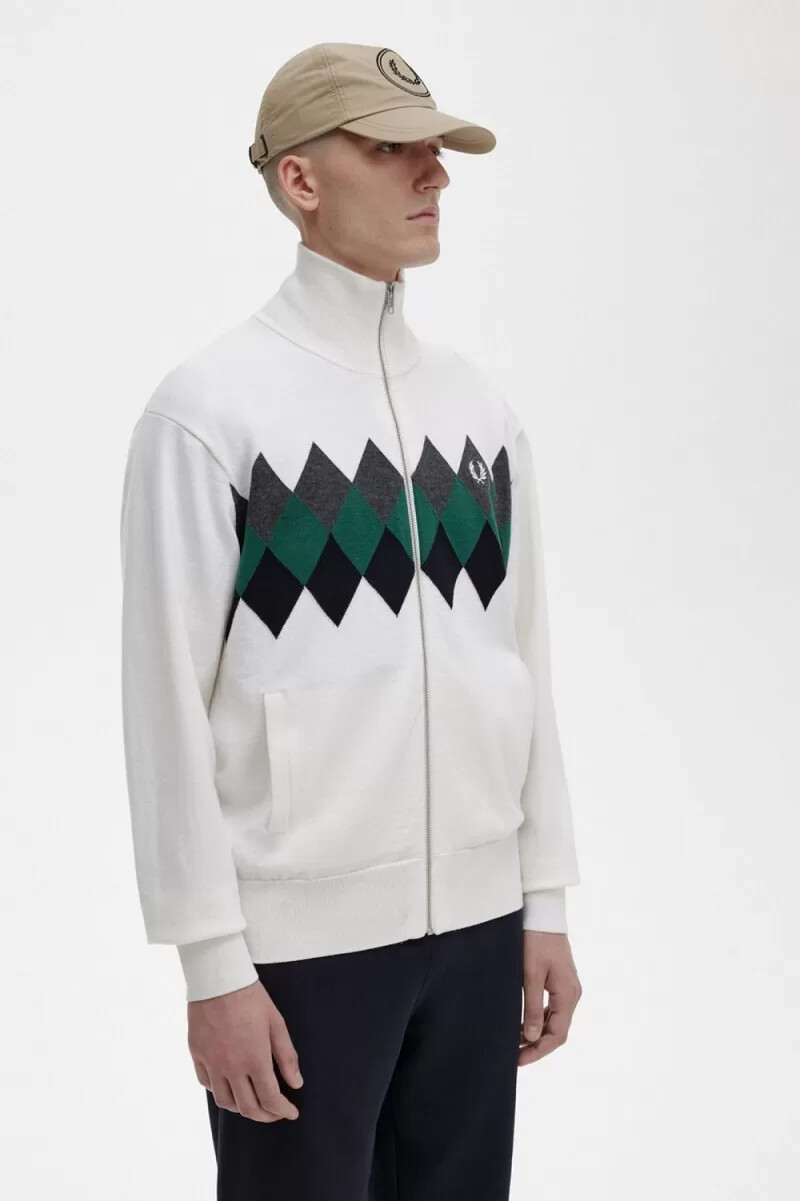 fred perry diamond intarsia mens cardigan snow white