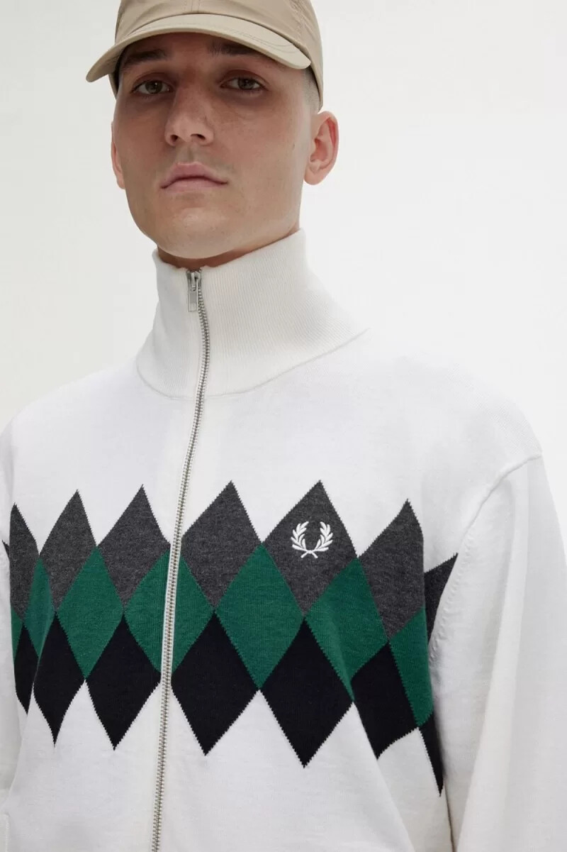 fred perry diamond intarsia mens cardigan snow white
