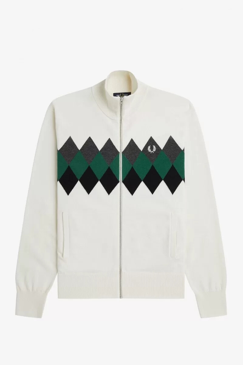 fred perry diamond intarsia mens cardigan snow white
