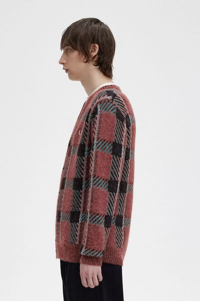 fred perry glitch tartan mens cardigan whisky brown