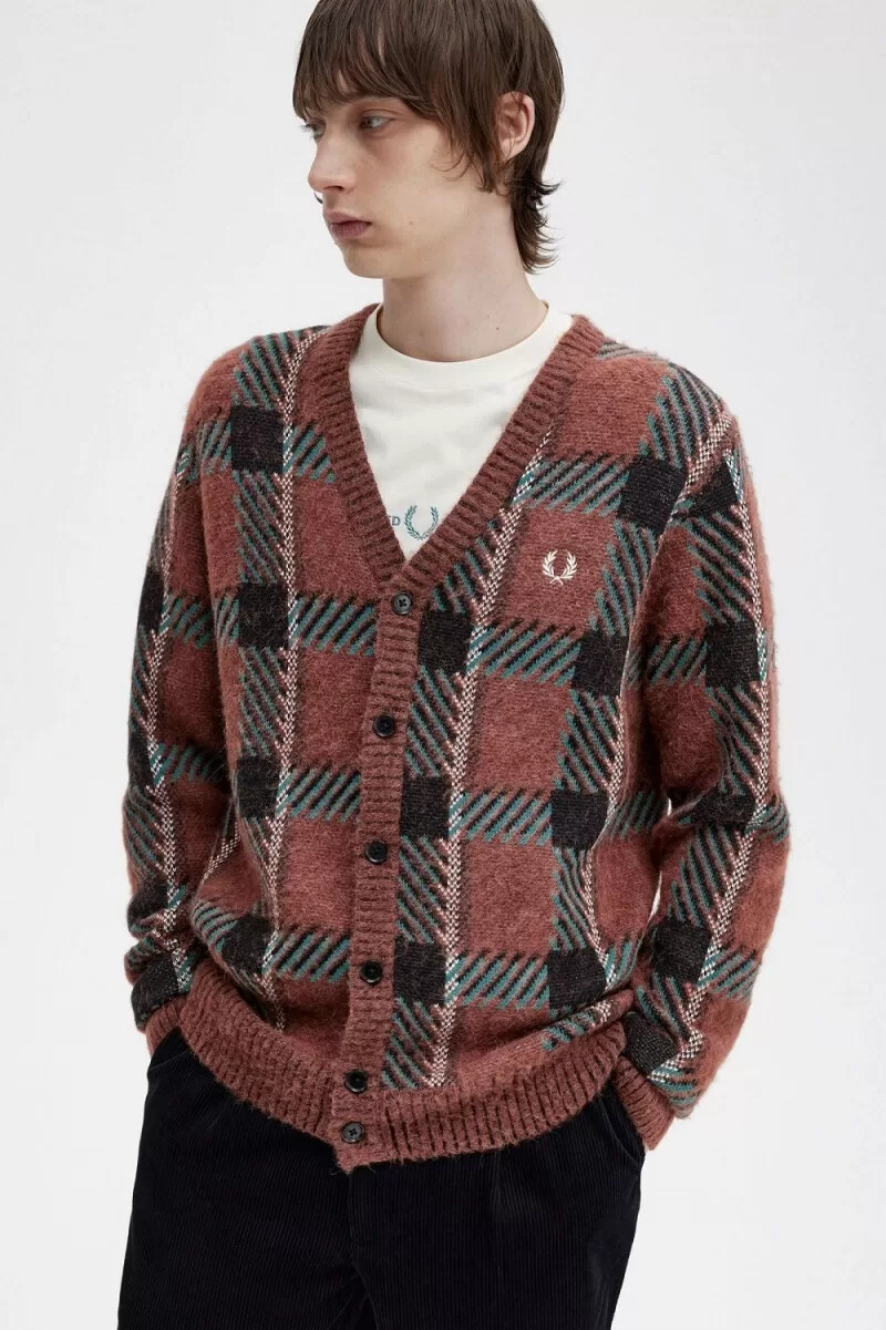 fred perry glitch tartan mens cardigan whisky brown