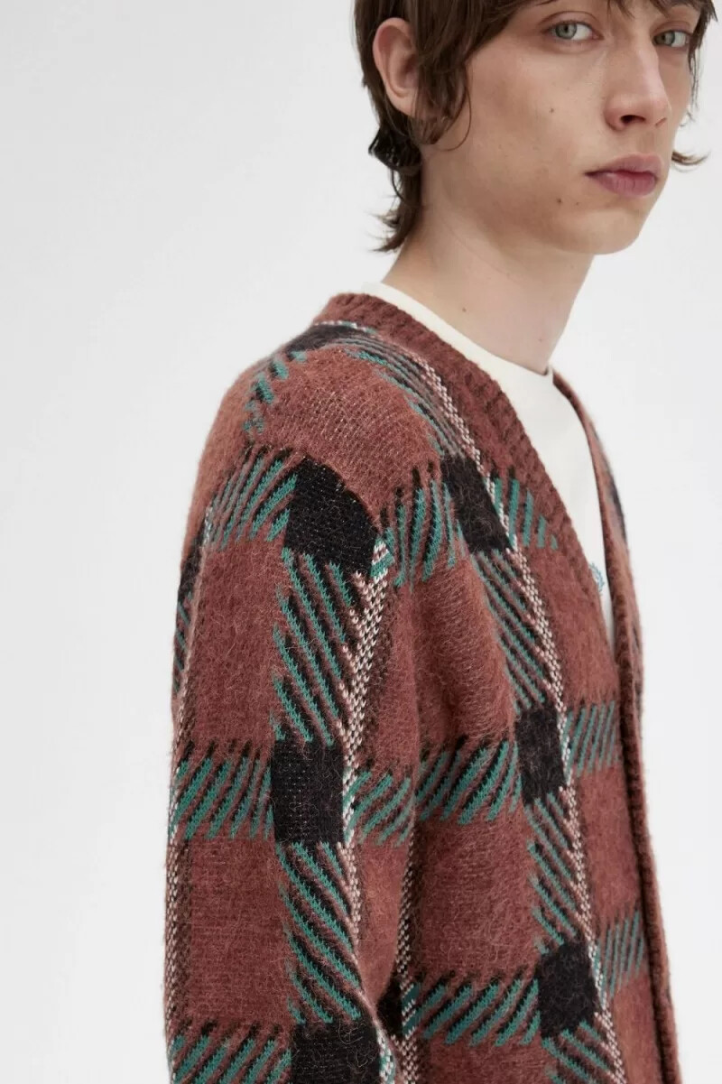 fred perry glitch tartan mens cardigan whisky brown
