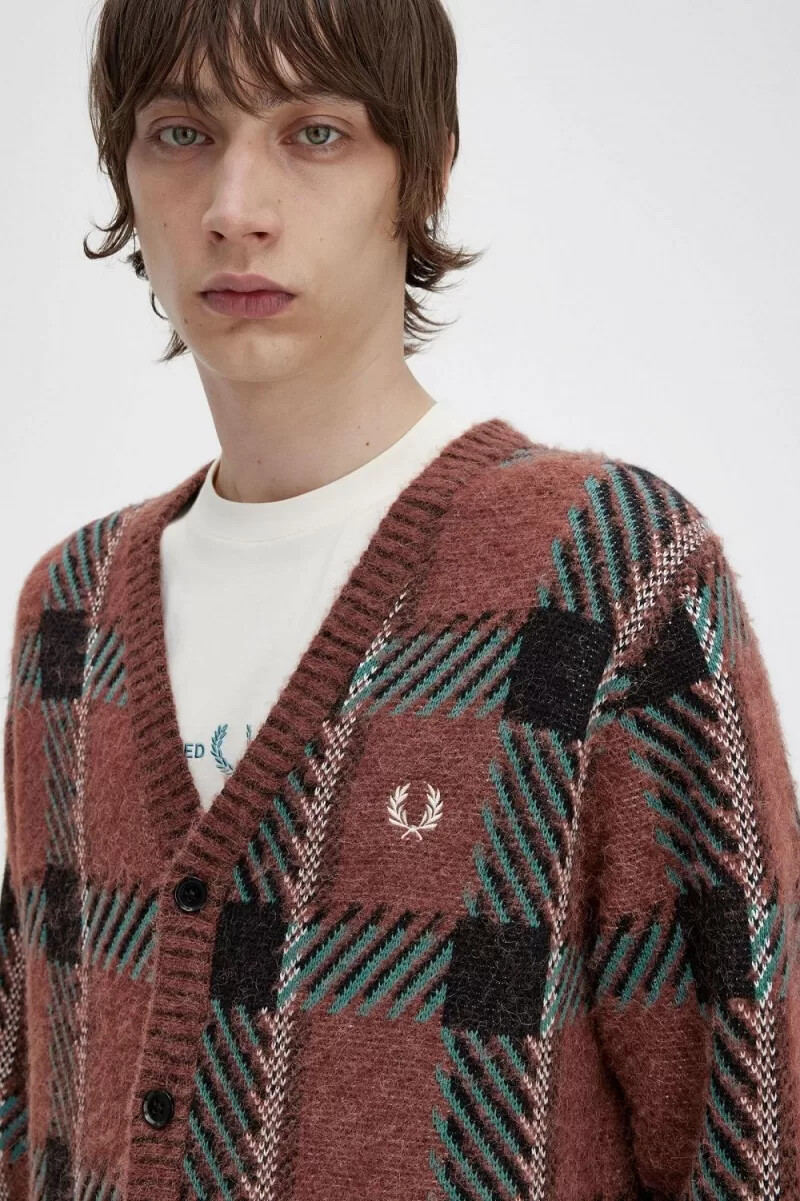 fred perry glitch tartan mens cardigan whisky brown