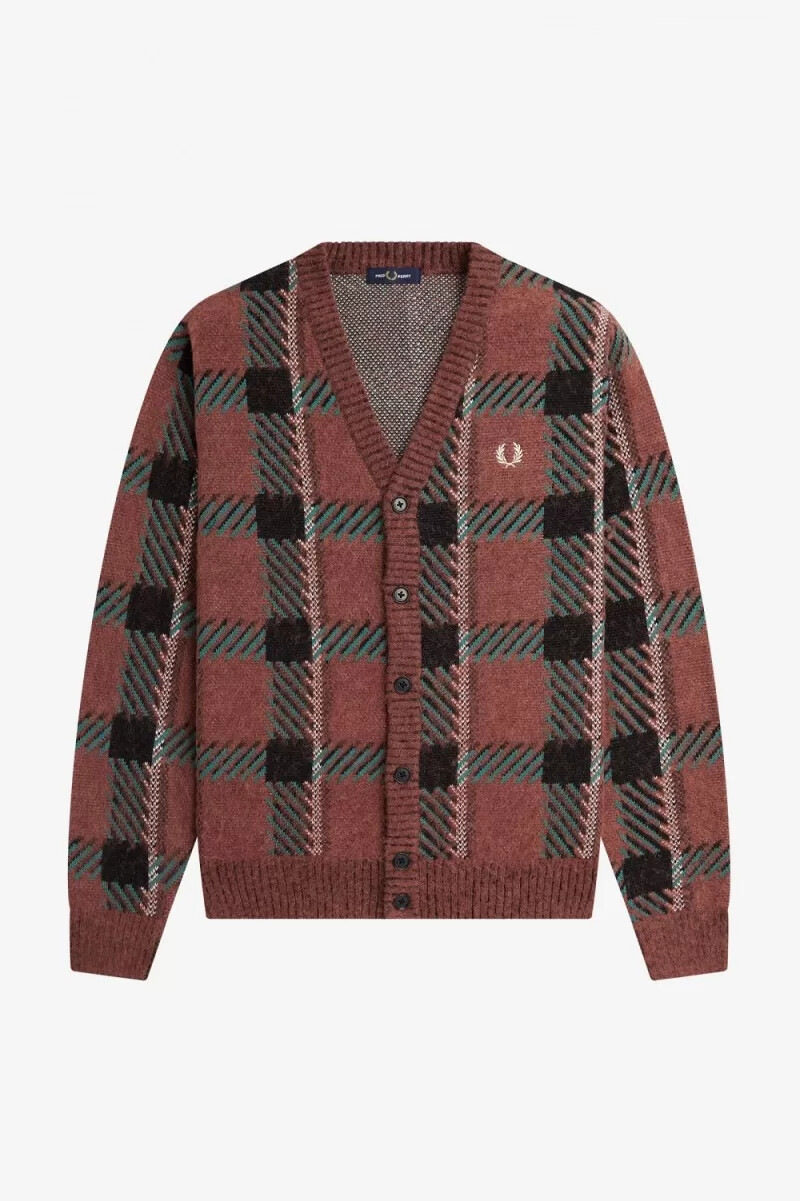 fred perry glitch tartan mens cardigan whisky brown