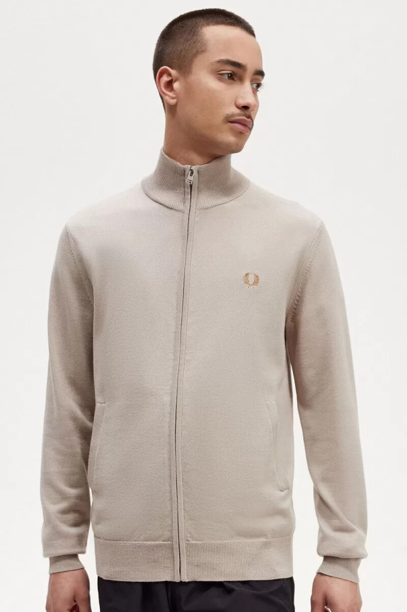 fred perry zip through mens cardigan dark oatmeal