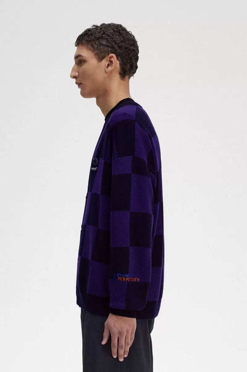 fred perry chequerboard mens cardigan navy