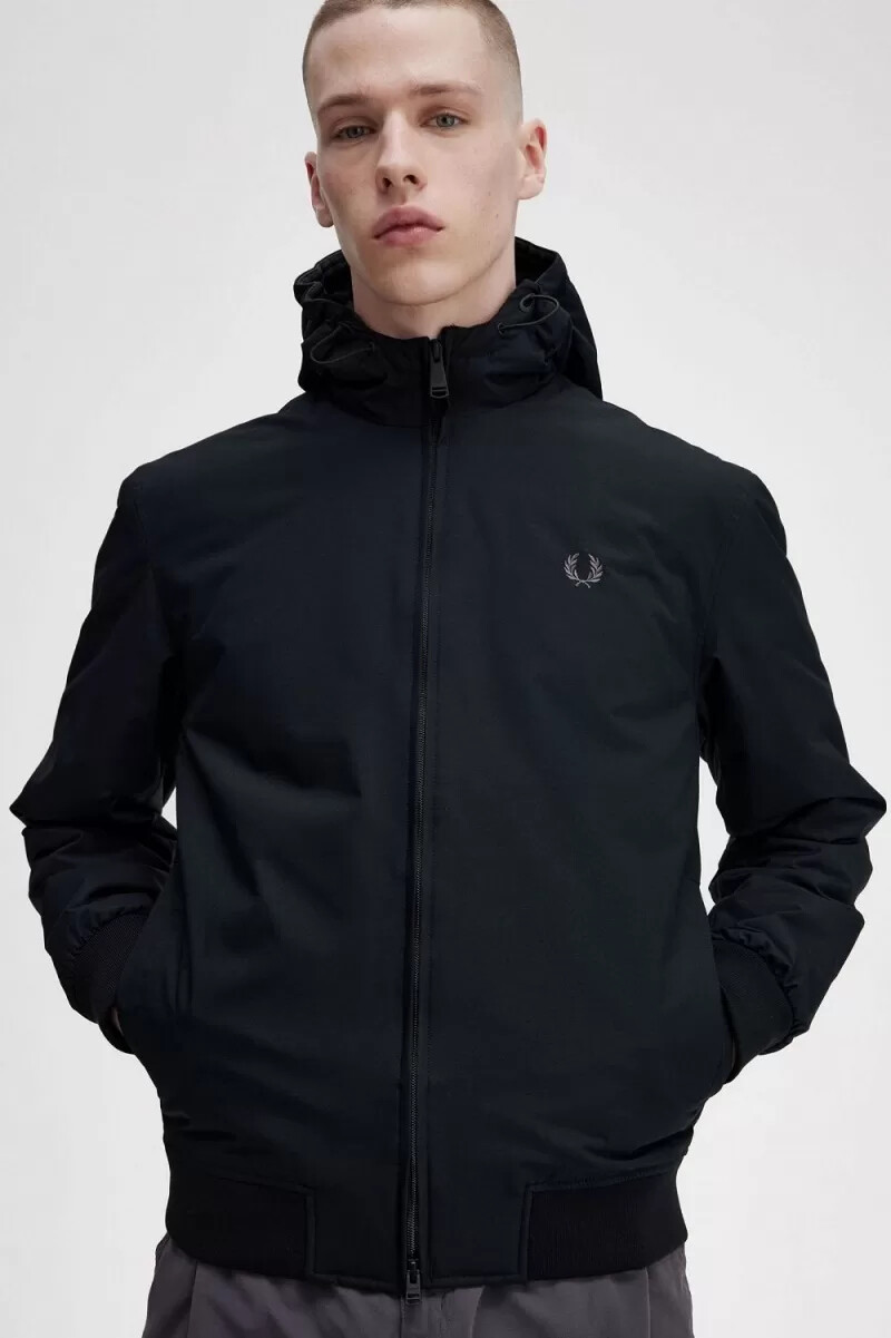 fred perry padded hooded brentham mens jackets black gunmetal