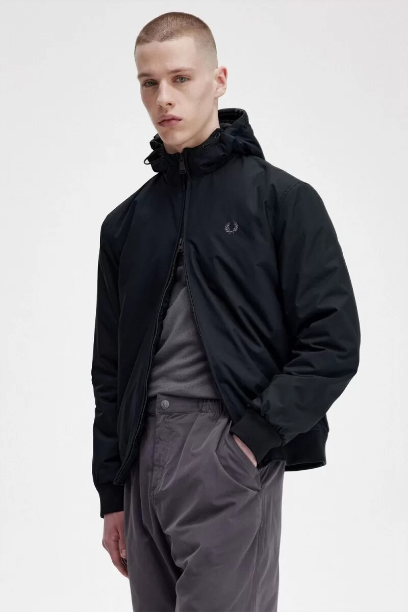 fred perry padded hooded brentham mens jackets black gunmetal