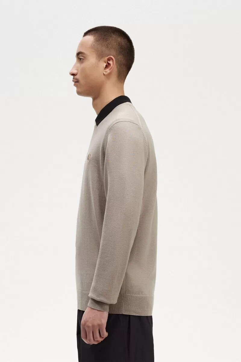 fred perry classic crew neck mens jumper dark oatmeal
