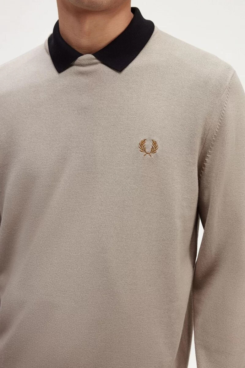 fred perry classic crew neck mens jumper dark oatmeal
