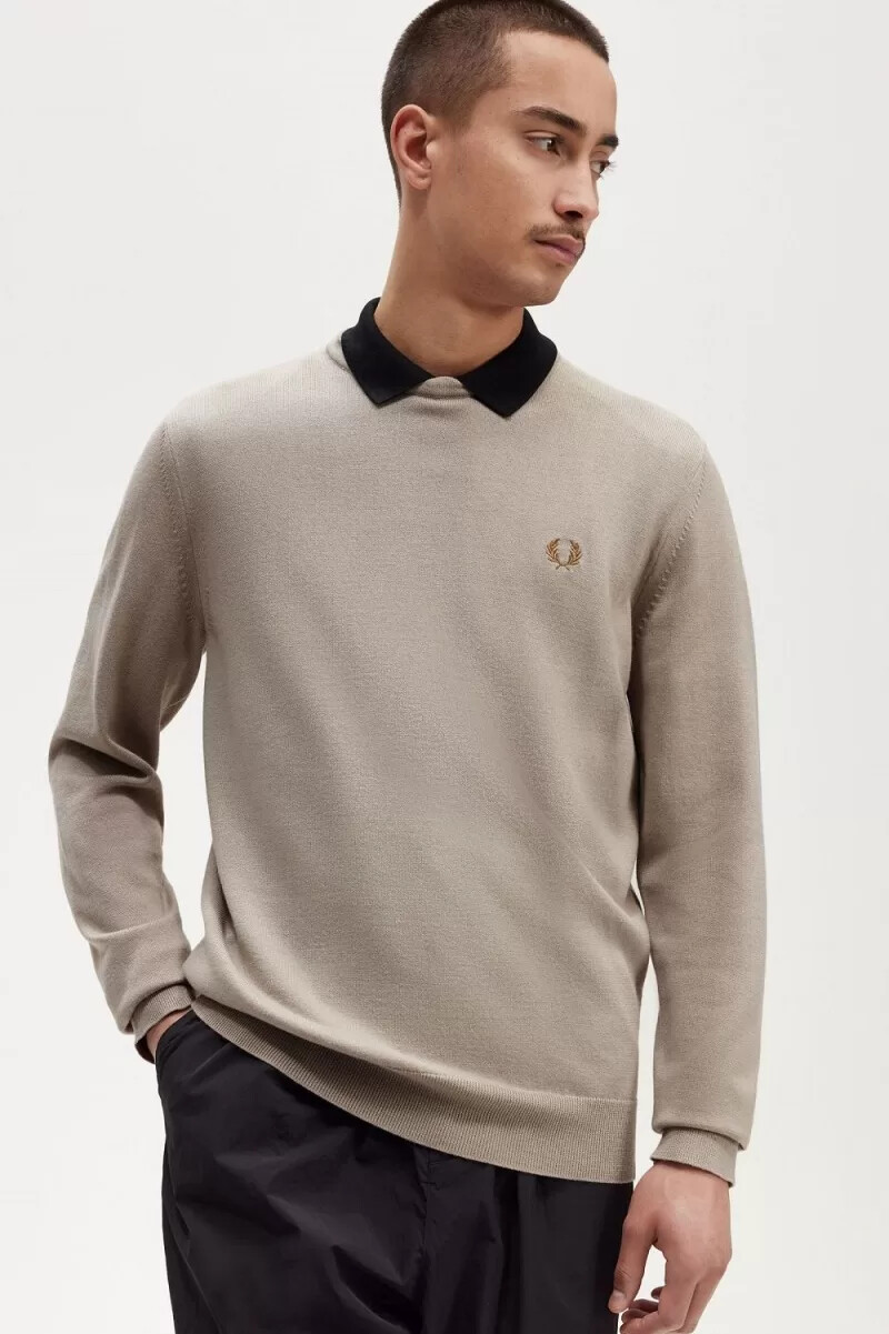 fred perry classic crew neck mens jumper dark oatmeal