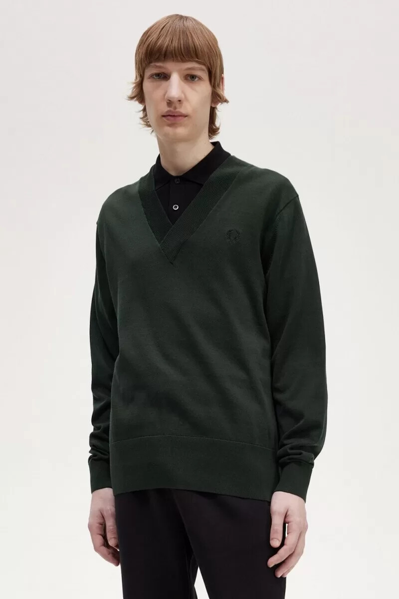 fred perry v-neck mens jumper night green