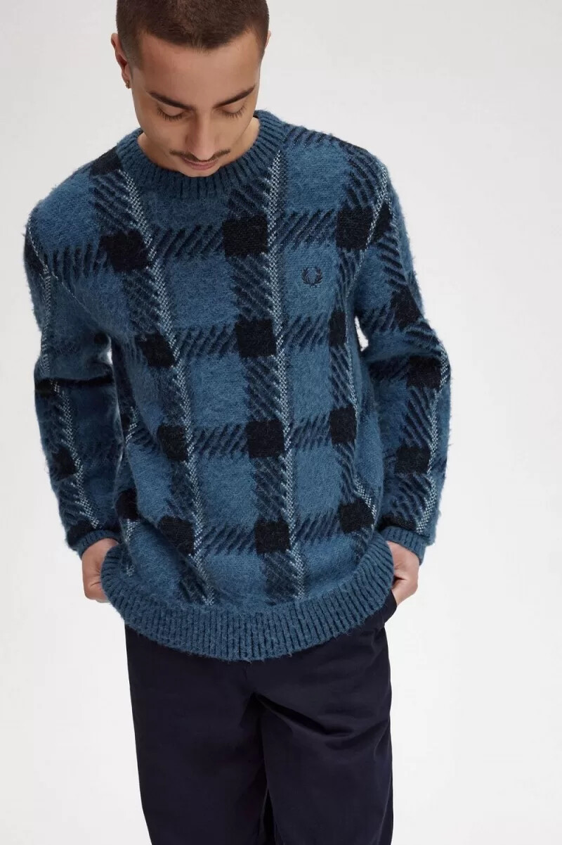fred perry glitch tartan mens jumper midnight blue
