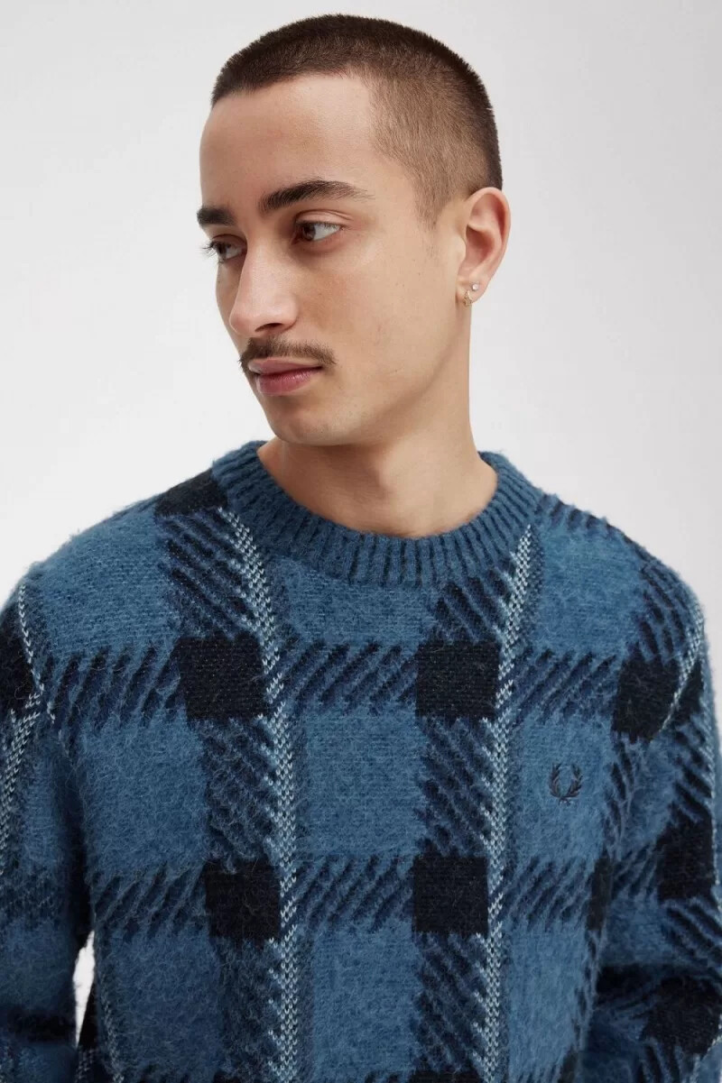 fred perry glitch tartan mens jumper midnight blue