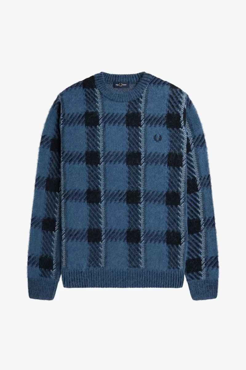 fred perry glitch tartan mens jumper midnight blue