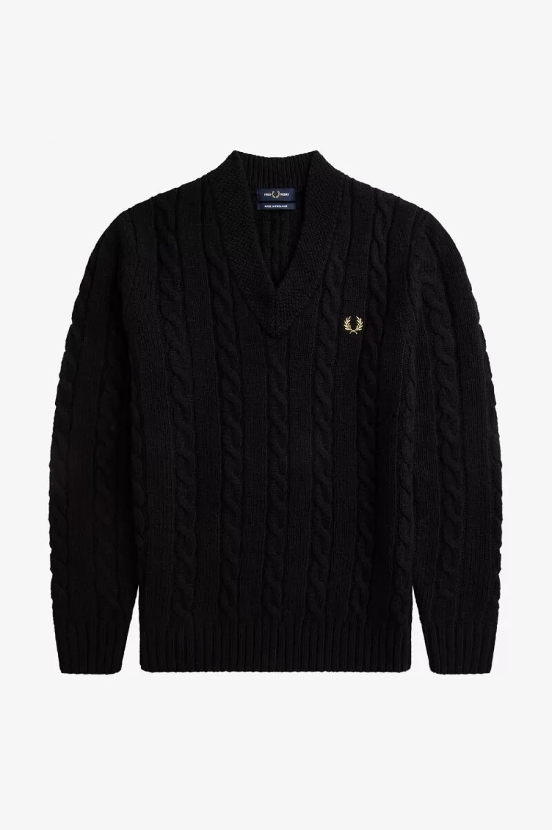 fred perry cable knit v neck mens jumper black