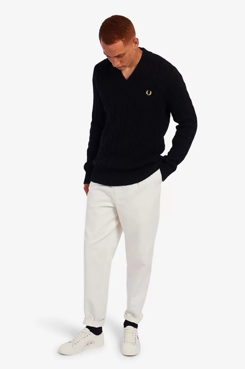 fred perry cable knit v neck mens jumper black