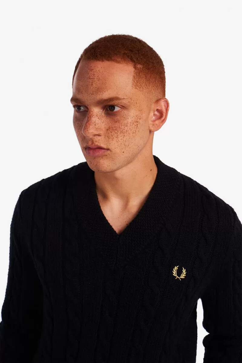 fred perry cable knit v neck mens jumper black