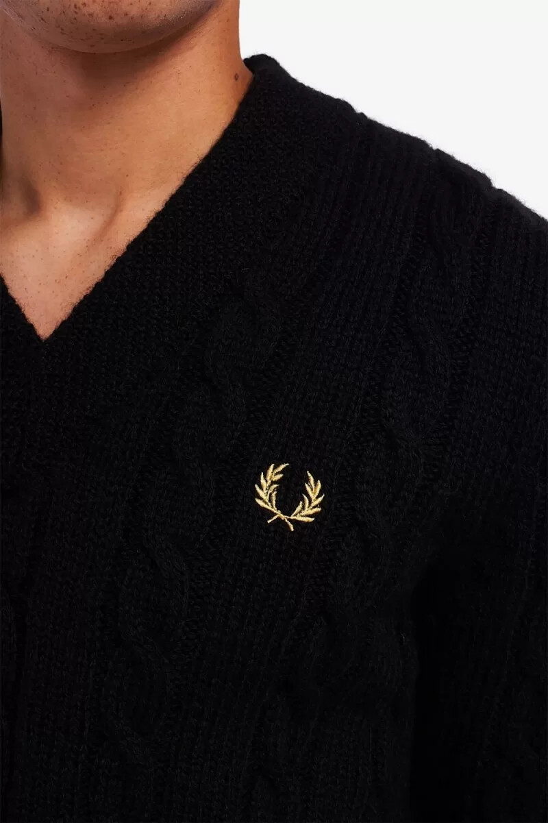 fred perry cable knit v neck mens jumper black