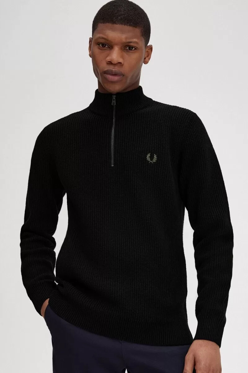 fred perry textured half zip mens jumper black