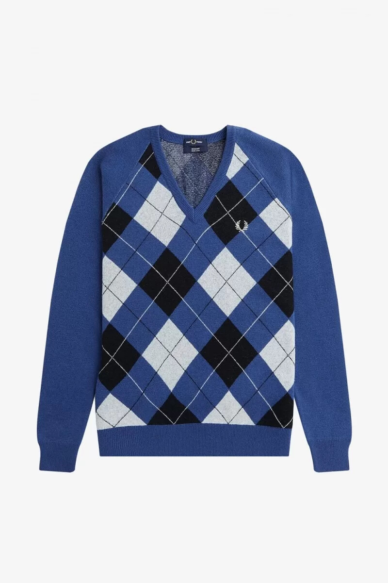 fred perry lambswool argyle v-neck mens jumper cobalt