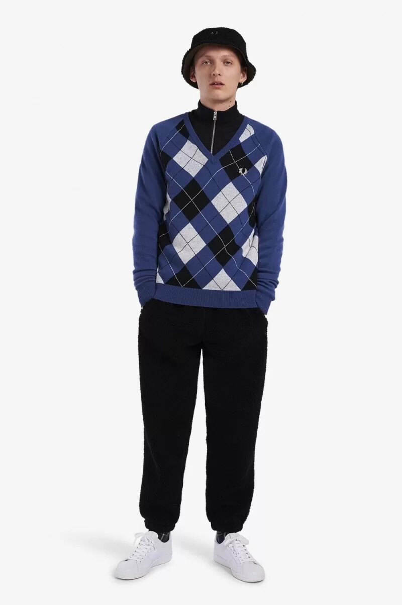 fred perry lambswool argyle v-neck mens jumper cobalt