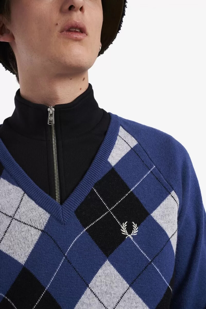 fred perry lambswool argyle v-neck mens jumper cobalt