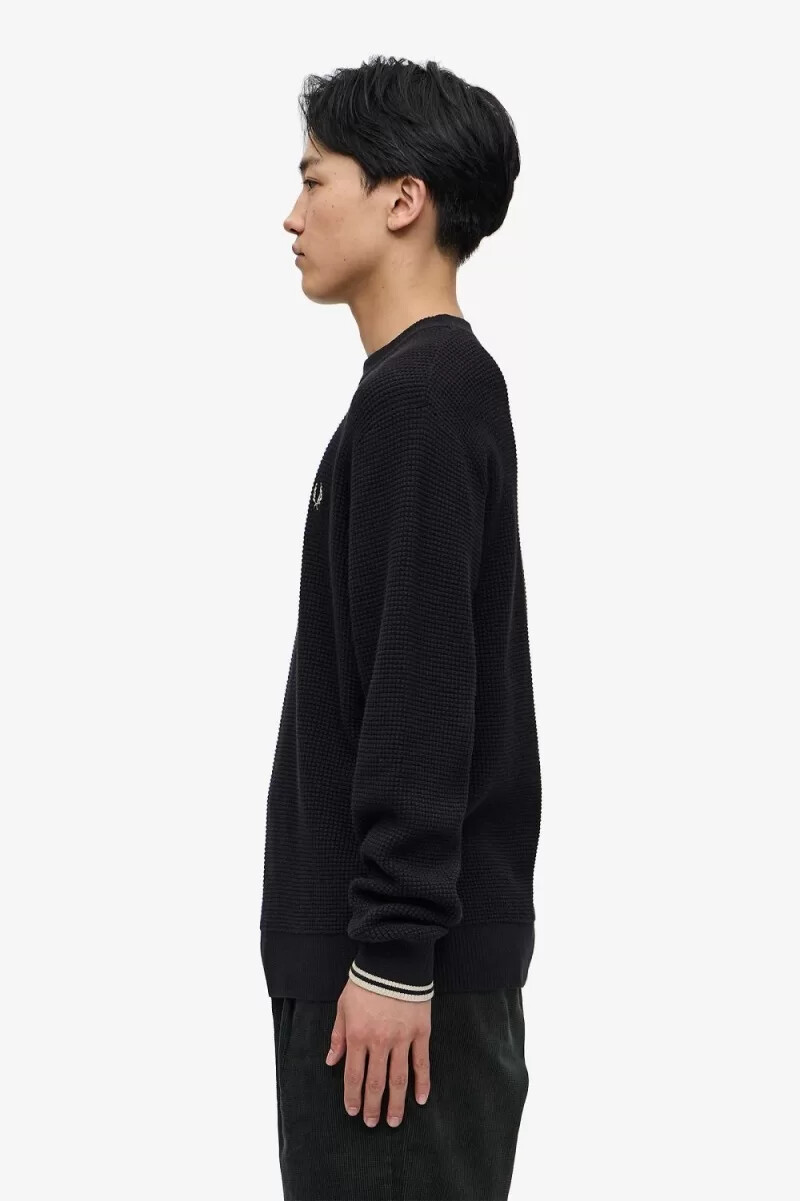 fred perry waffle stitch mens jumper black
