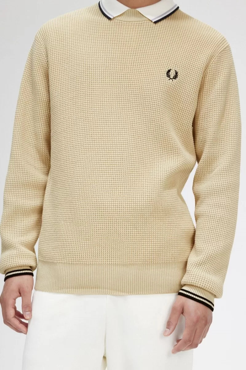 fred perry waffle stitch mens jumper oatmeal