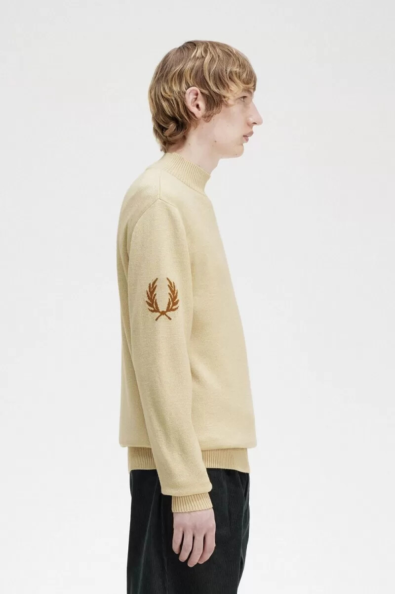 fred perry laurel wreath mock neck mens jumper oatmeal