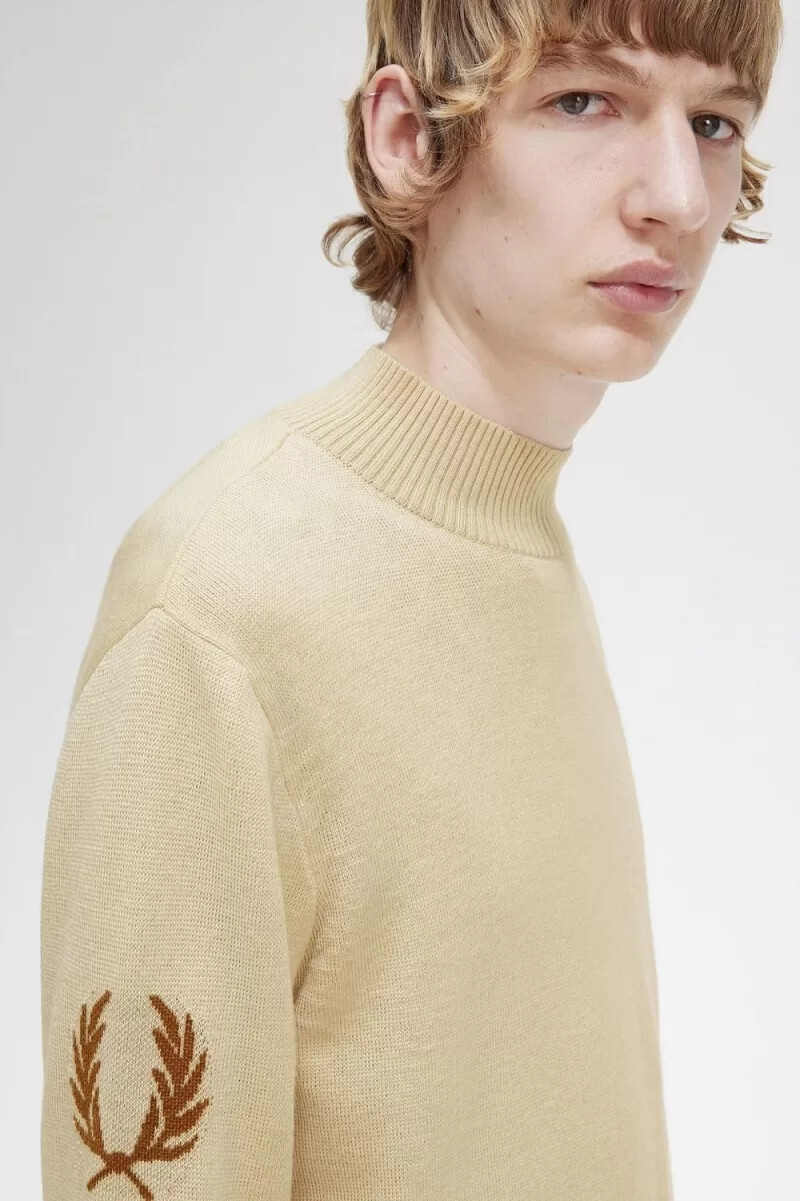 fred perry laurel wreath mock neck mens jumper oatmeal