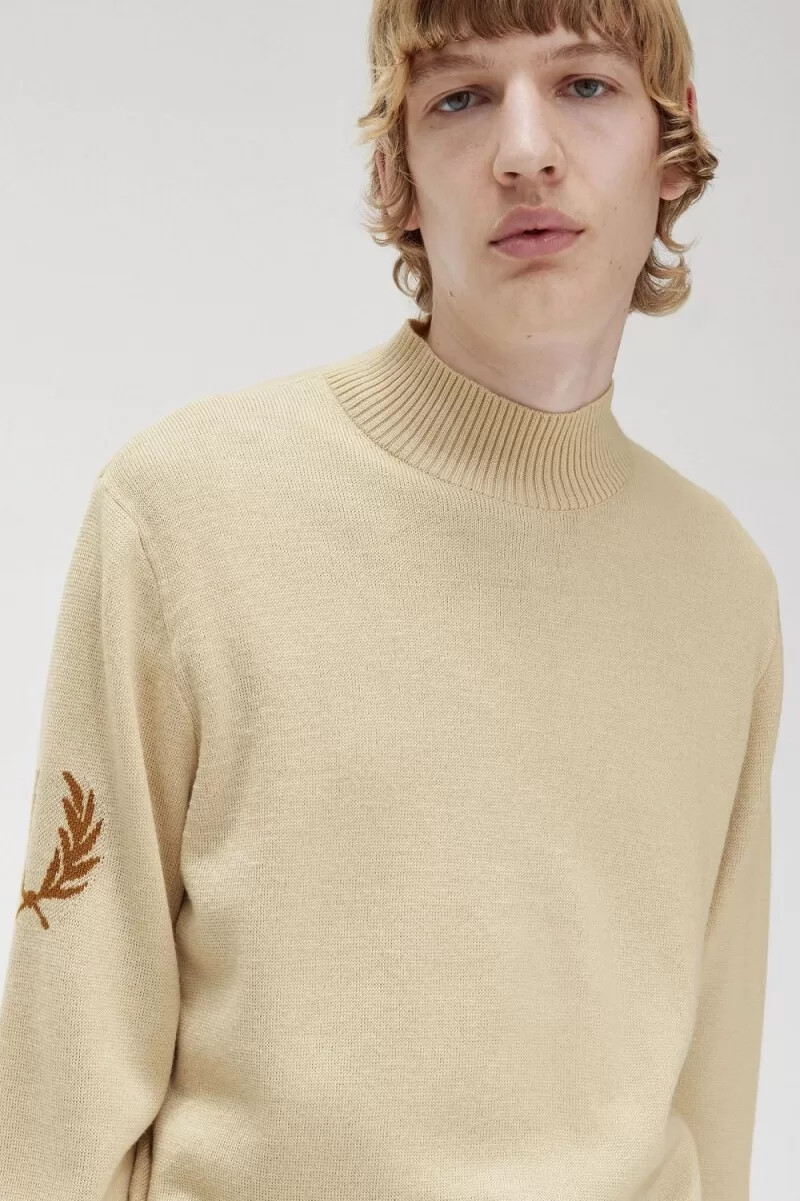 fred perry laurel wreath mock neck mens jumper oatmeal