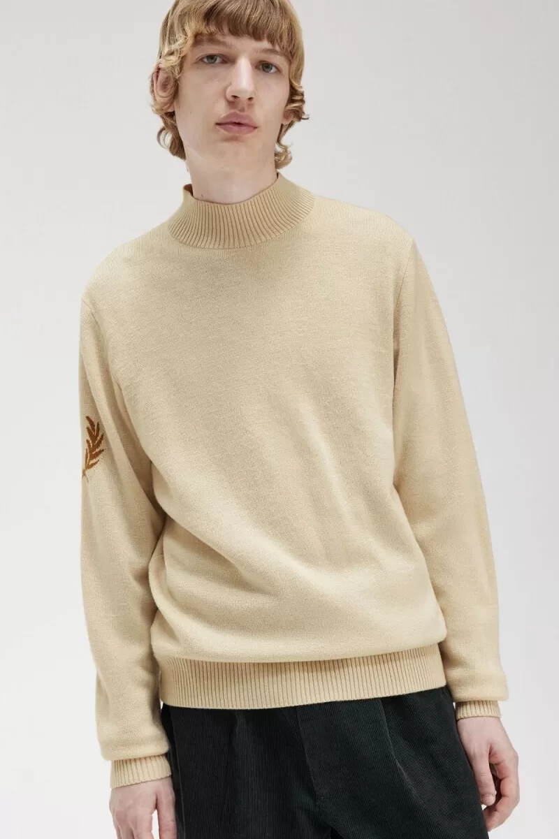 fred perry laurel wreath mock neck mens jumper oatmeal