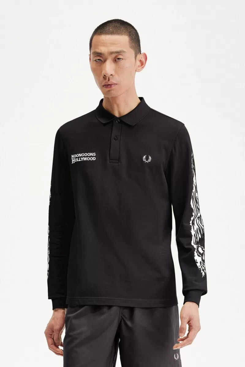 fred perry noongoons long sleeve graphic mens polo shirt black