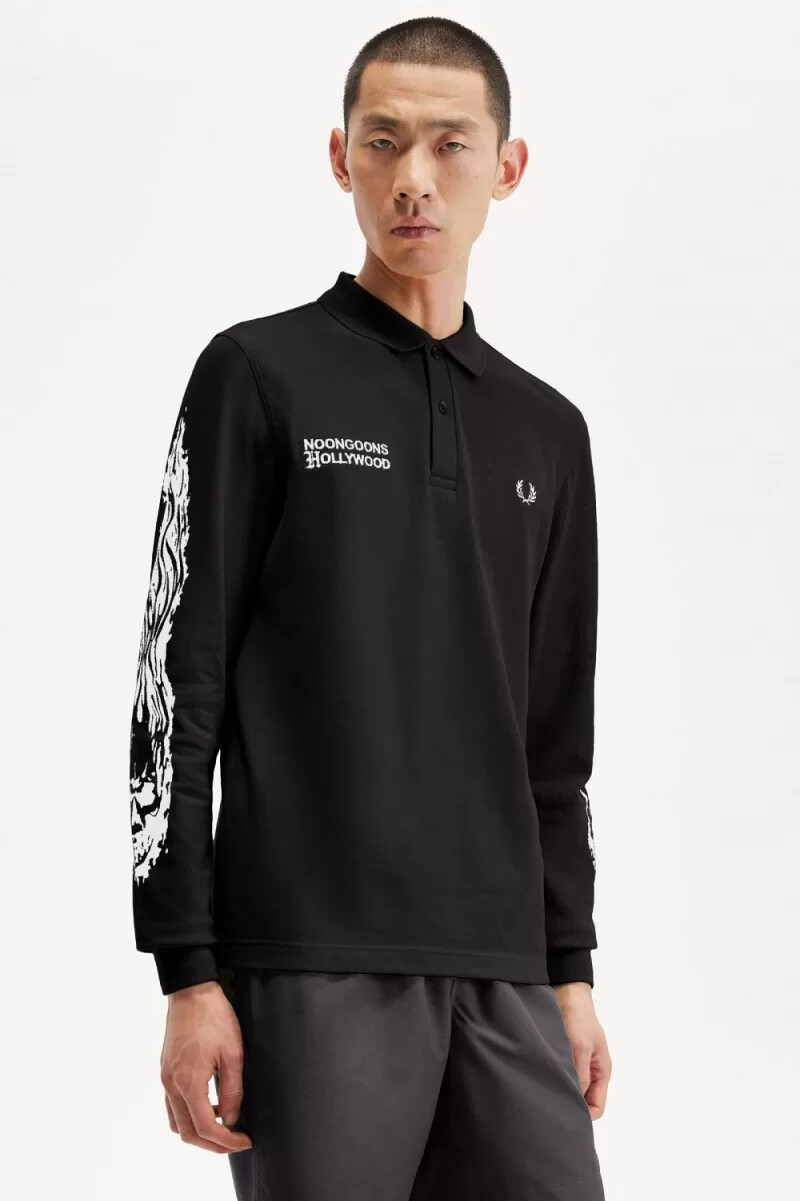 fred perry noongoons long sleeve graphic mens polo shirt black